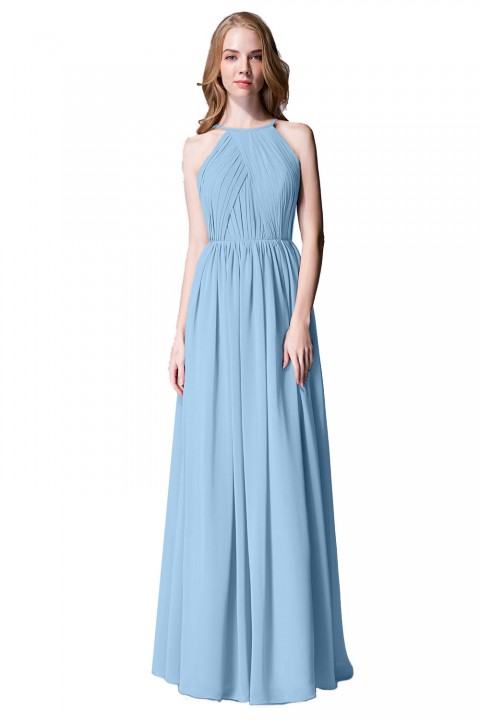 Pleated A-Line Halter Spaghetti-Straps Back Chiffon Bridesmaid Dress