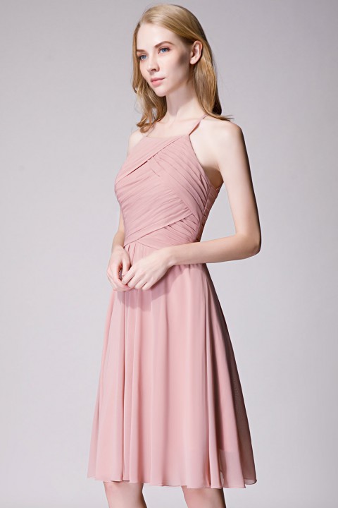 Elegant Halter Tea Length Pleated Chiffon Bridesmaid Dress with Tie Back