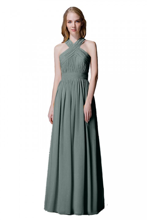 Criss-cross Halter Pleated Chiffon Bridesmaid Dress with Cross-straps Back