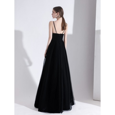 Black V-Neck Spaghetti Straps Satin&Tulle Skirt Party Dress