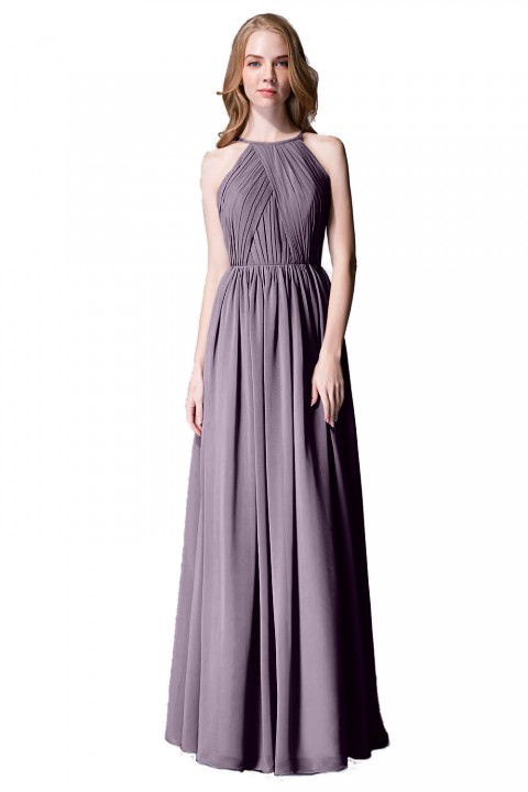 Pleated A-Line Halter Spaghetti-Straps Back Chiffon Bridesmaid Dress