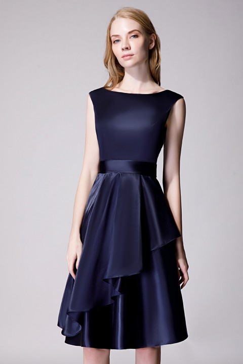 Scoop Neck Knee-Length Satin Bridesmaid Dress With Cascading Ruffles