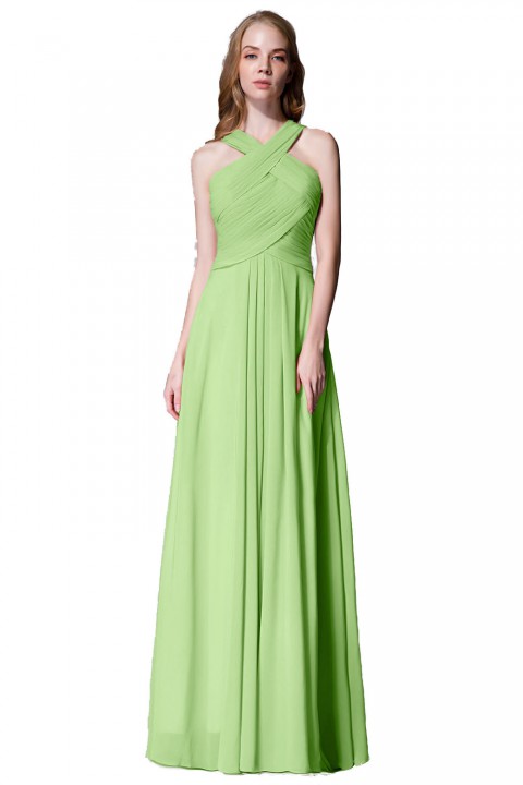 Chic Criss-cross Halter Pleated Chiffon Bridesmaid Dress Long