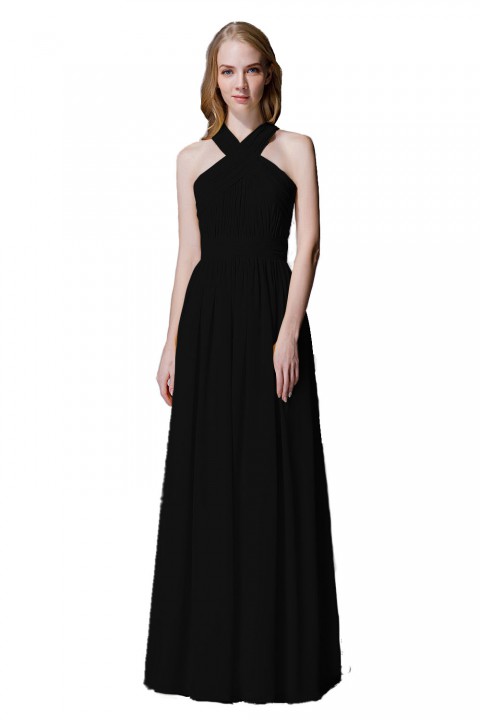 Criss-cross Halter Pleated Chiffon Bridesmaid Dress with Cross-straps Back