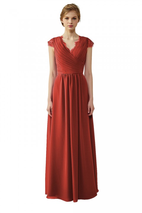 Lace Cap Sleeves  V-Neck Lace Back Closure with Keyhole Bridesmaid Dress