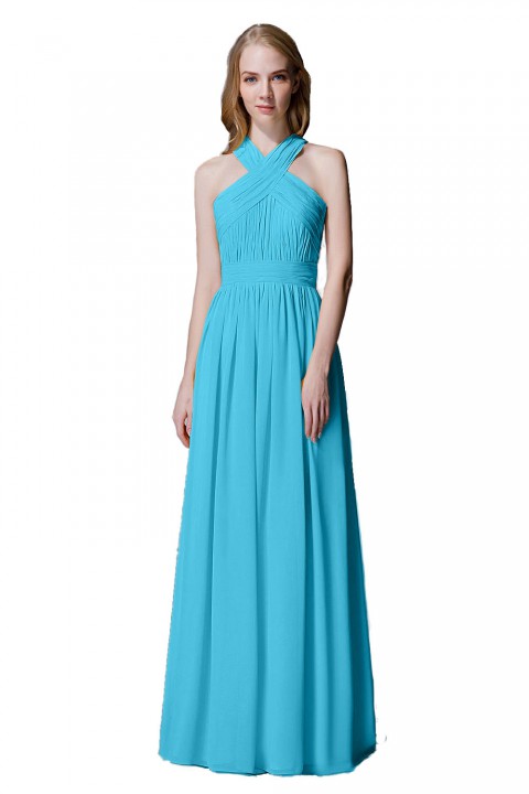 Criss-cross Halter Pleated Chiffon Bridesmaid Dress with Cross-straps Back