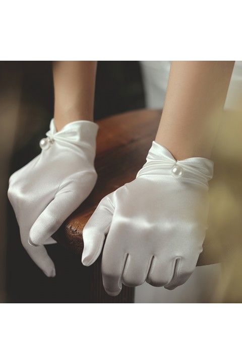 White Big Pearl Decor Soft Satin Wedding Bridal Gloves