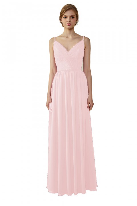 Double Spaghetti Straps Draped Lace Open-back Chiffon Bridesmaid Dress