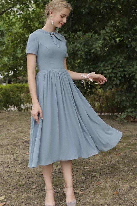 Knotted Neck Short Sleeve Chiffon A Line Bridesmaid Dress