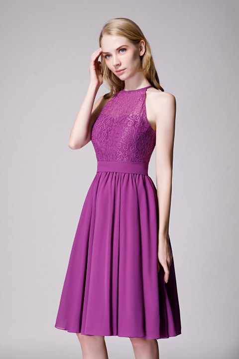 Illusion High Neck Halter Lace Short Bridesmaid Dress with Tie Detail