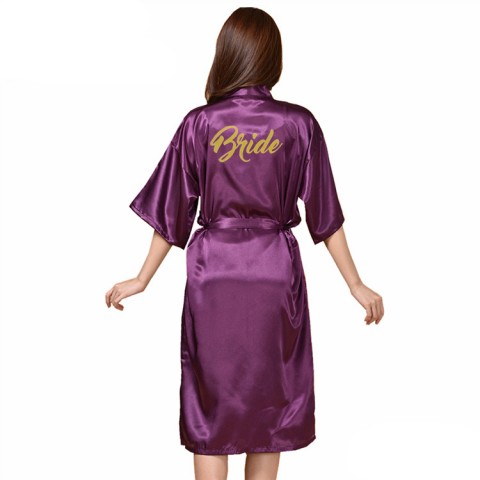 Slogan Printed Tied Waist Silk Bride Robe with Pockets