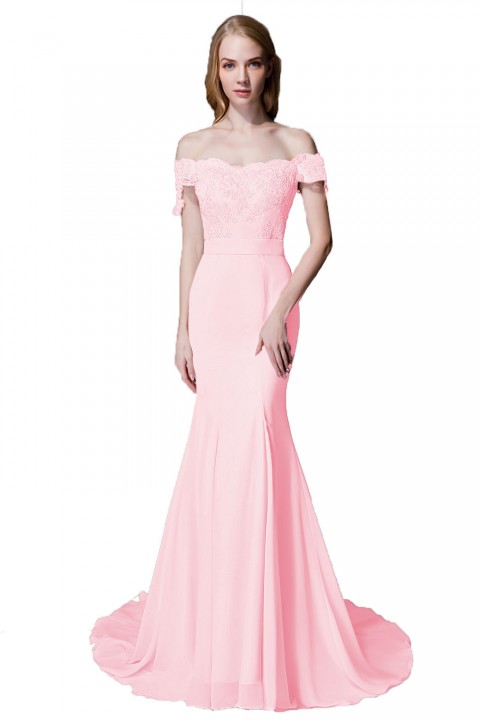 Elegant Mermaid Off Shoulder Chiffon Lace Straight Bridesmaid Dress with Train