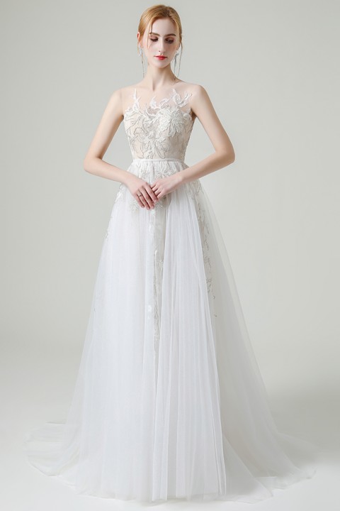 Illusion Neck Lace Crochet Pearl Tulle Wedding Dress with Train