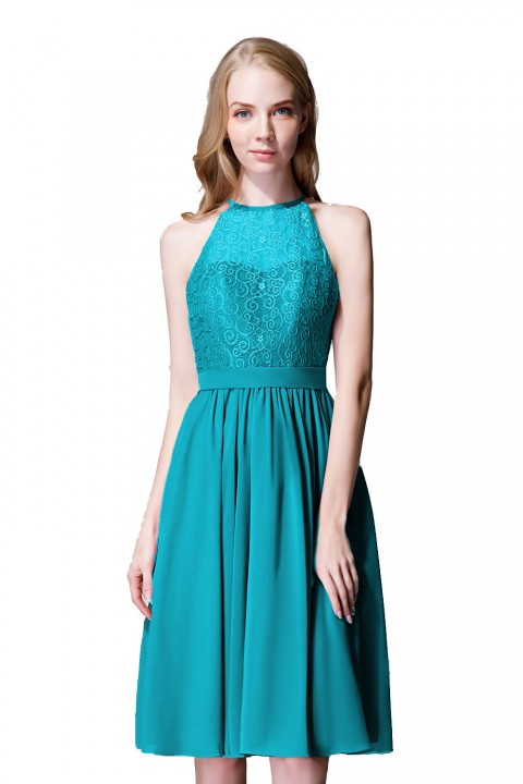 Illusion High Neck Halter Lace Short Bridesmaid Dress with Tie Detail