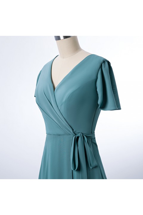 V-neck Short Sleeves Side Slit Skirt Chiffon Bridesmaid Dress with Belt