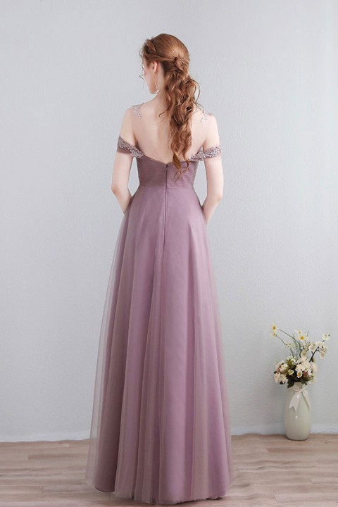 Lace Illusion Scoop Neckline Cold Shoulder Tulle Bridesmaid Dress with Open Back