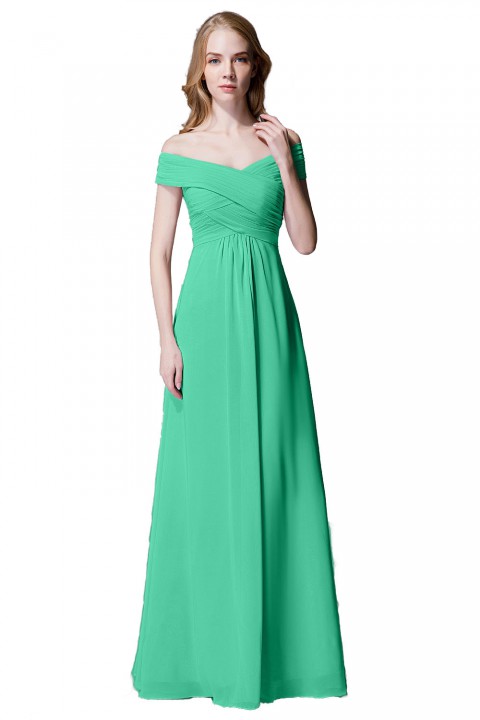 Crisscross Off-the-Shoulder Pleated V-back Bridesmaid Dress Long