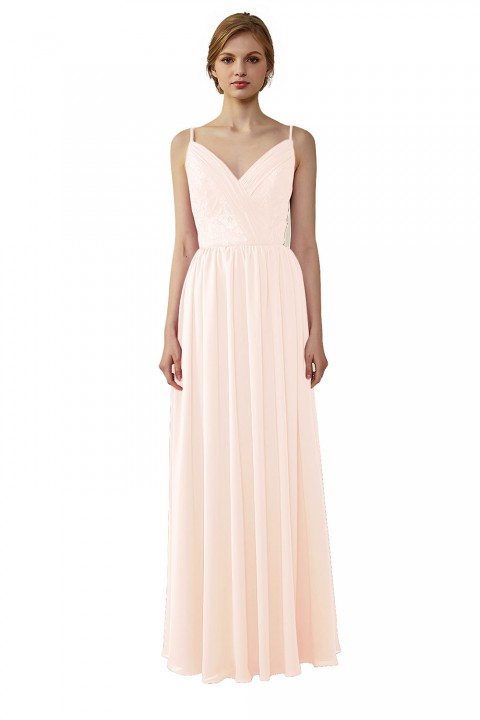 Double Spaghetti Straps Draped Lace Open-back Chiffon Bridesmaid Dress