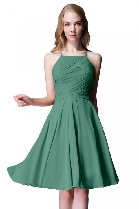 Elegant Halter Tea Length Pleated Chiffon Bridesmaid Dress with Tie Back