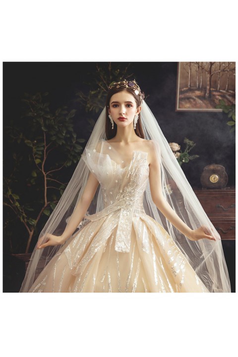 New 2021 Off Shoulder Beaded & Flower Embroidery Tulle Wedding Dress With Long Train