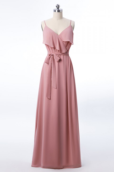 Spaghetti Straps Scoop Back Ruffled Chiffon Bridesmaid Dress with Sash