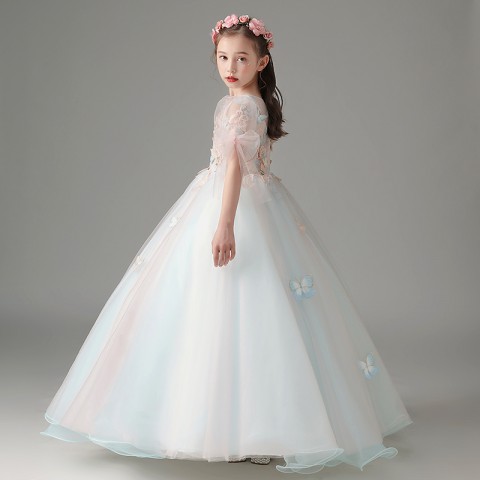 Pink & Blue Fantasy V Neck Short Sleeves With Bowknot   Decor Embroidered 3D Butterfly Tulle Skirt Girls Pageant Dress