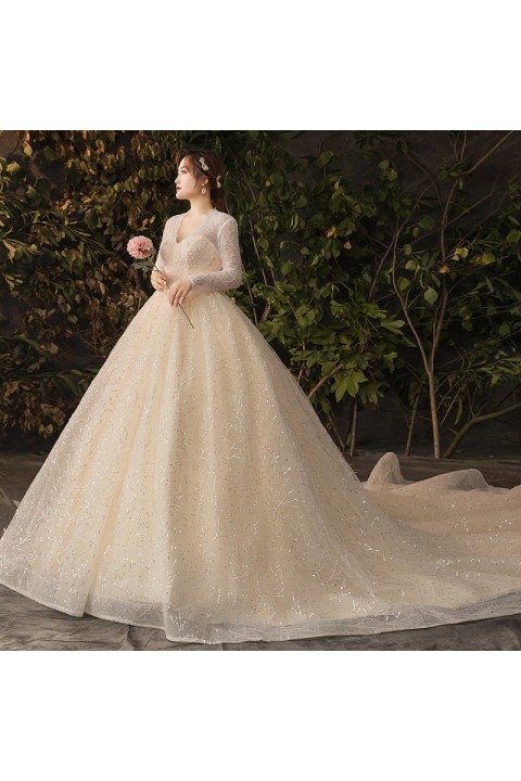 Plus Size 2021 Deep V-neck Long Sleeves Beaded Lace Flower Glitter Tulle Wedding Dress With Long Train