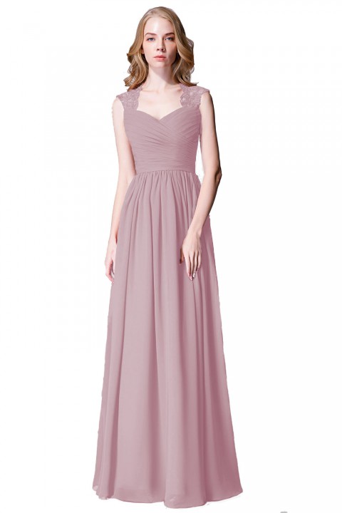 Modest Cap Sleeves Chiffon Long Bridesmaid Dress with Lace Back