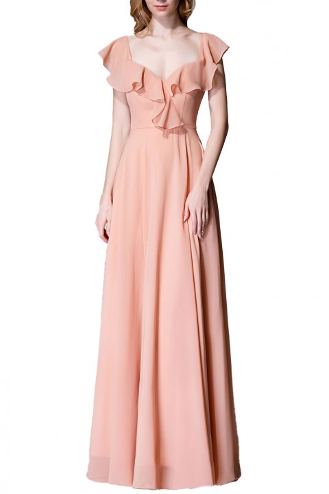 V Neck Cascading Ruffles Sleeve Bow Back Bridesmaid Dress 