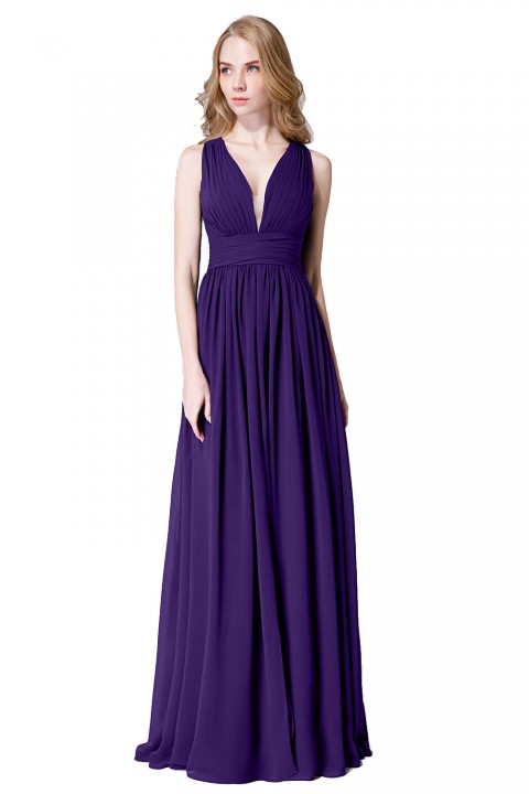 Sexy Deep V-Neck Plunging Silt Bridesmaid Dress with Keyhole Back