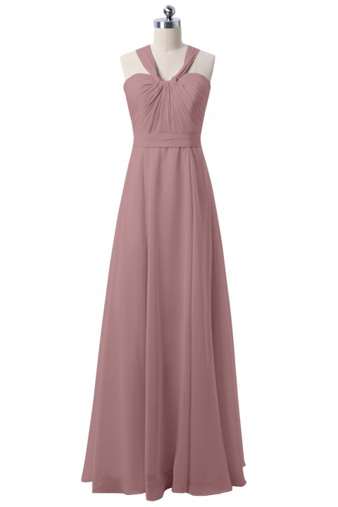 Halter Neck Ruched Bodice Chiffon A-line Bridesmaid Dress with Cutout Back