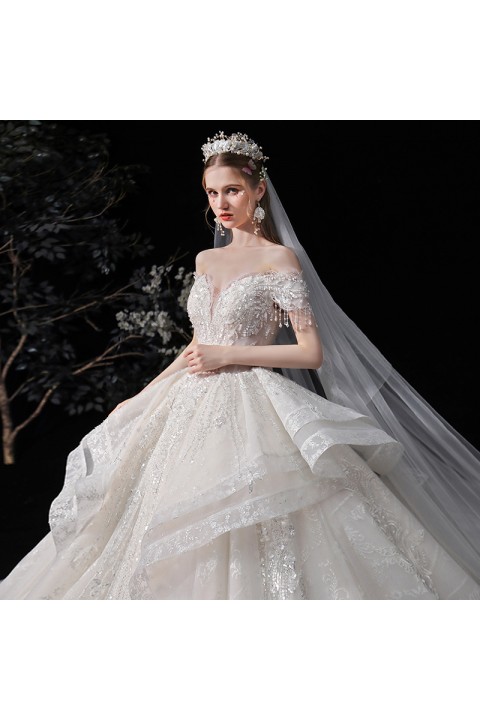 New 2021 Luxury Off Shoulder Beads Decor Flounce Hemline Sequin Embroidered Tulle Wedding Dress With Long Train