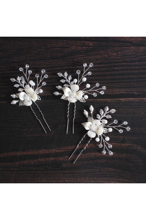 Flower Shaped Pearl Beaded Bridal Hairpin