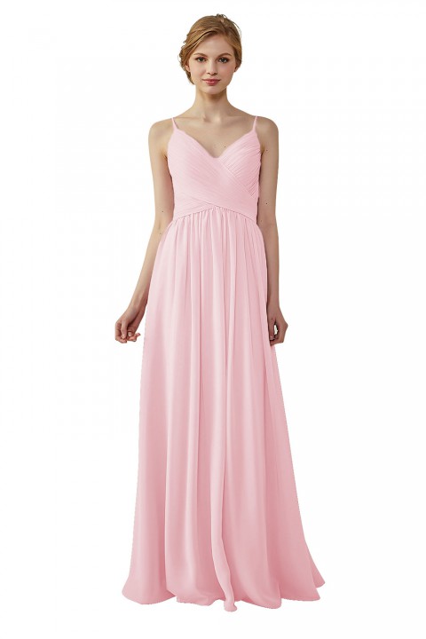 Spaghetti Straps Pleated Low V Back Bridesmaid Dress