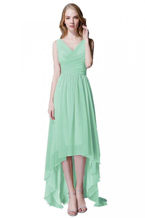 Romantic High-Low V-Neck Chiffon Ruched Bridesmaid Dress