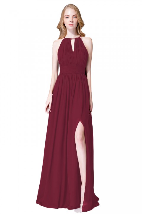 high neck burgundy bridesmaid dress