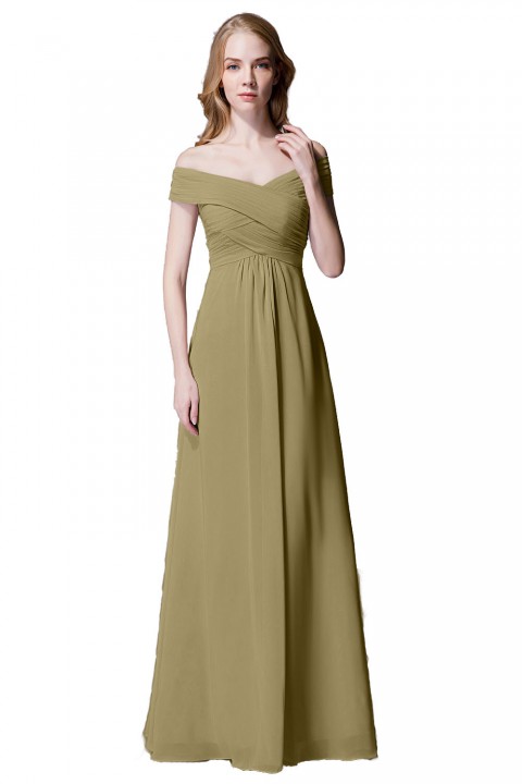 Crisscross Off-the-Shoulder Pleated V-back Bridesmaid Dress Long