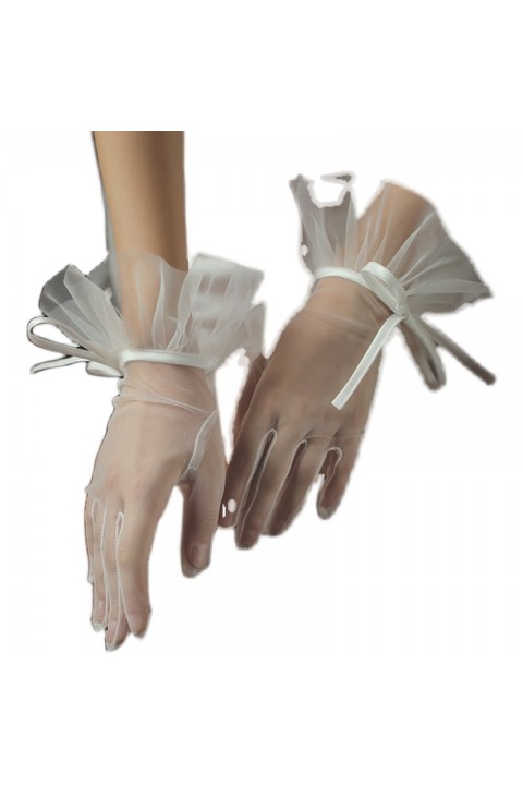 White Lace Bow Decor Straps Thin Tulle Wedding Bridal Gloves