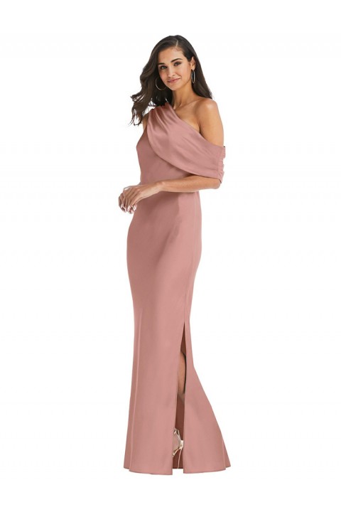 Blush One Shoulder Side Split Satin Bridesmaid Dress