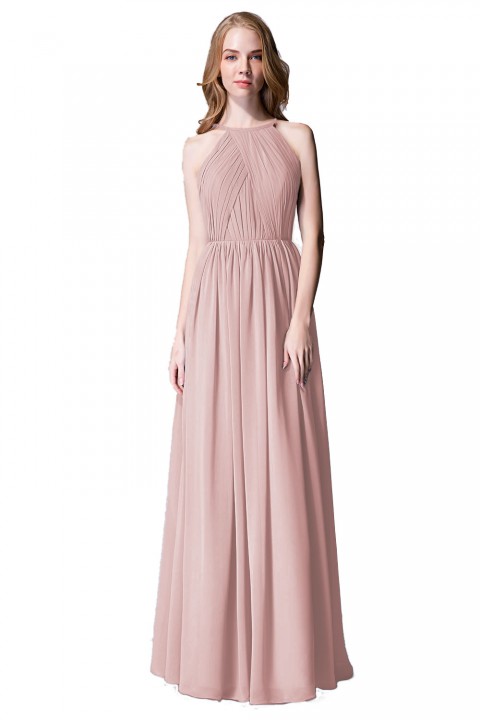 Pleated A-Line Halter Spaghetti-Straps Back Chiffon Bridesmaid Dress