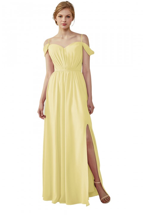 A-Line Cold Shoulder Spaghetti Straps Chiffon Bridesmaid Dress with Side Slit