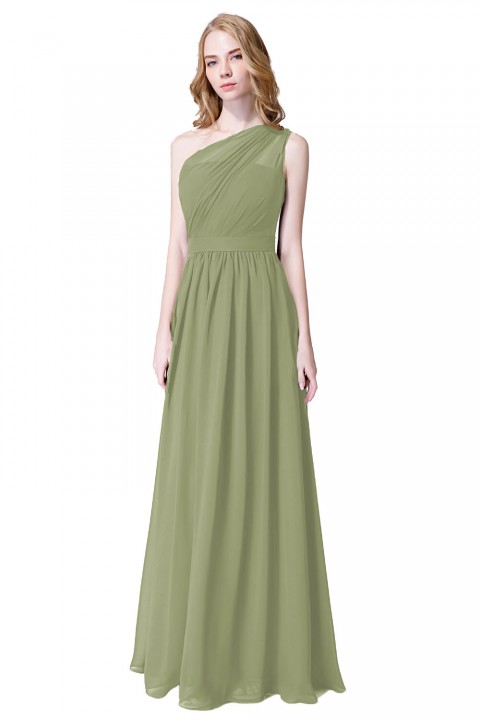 Illusion One-Shoulder Chiffon Pleated Bridesmaid Dress Long