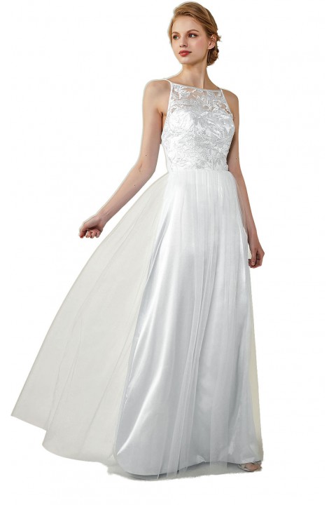 Tulle Lace Illusion Boatneck and Back Bridesmaid Dress with Keyhole 