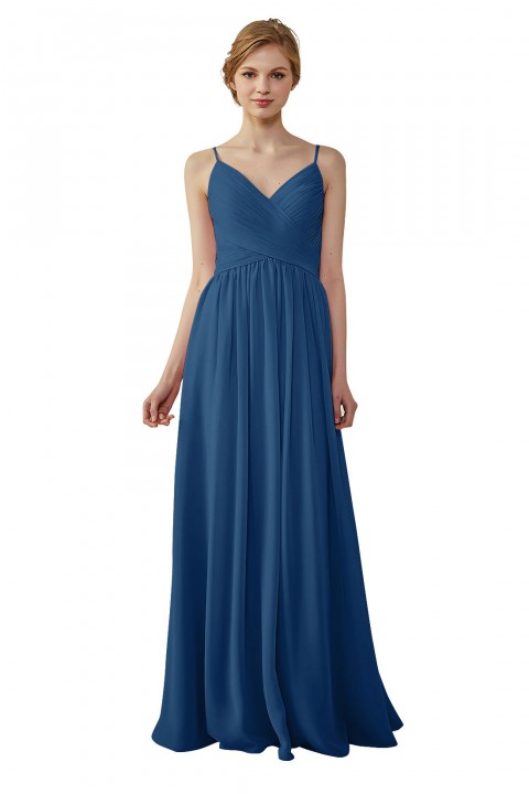 Spaghetti Straps Pleated Low V Back Bridesmaid Dress