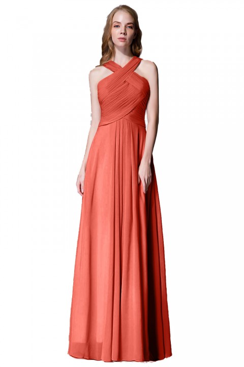 Chic Criss-cross Halter Pleated Chiffon Bridesmaid Dress Long