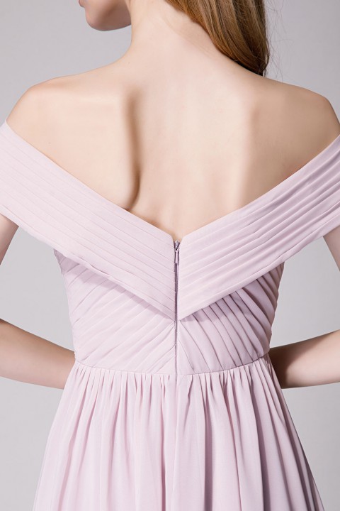 Crisscross Off-the-Shoulder Pleated V-back Bridesmaid Dress Long