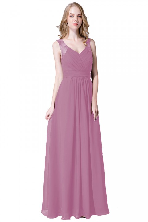 V Neck Illusion Lace Straps Keyhole Back Chiffon Ruched Bridesmaid Dress