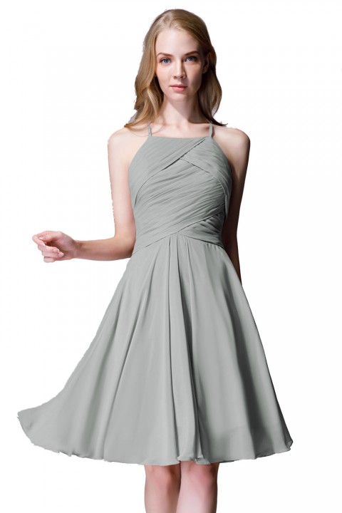 Elegant Halter Tea Length Pleated Chiffon Bridesmaid Dress with Tie Back