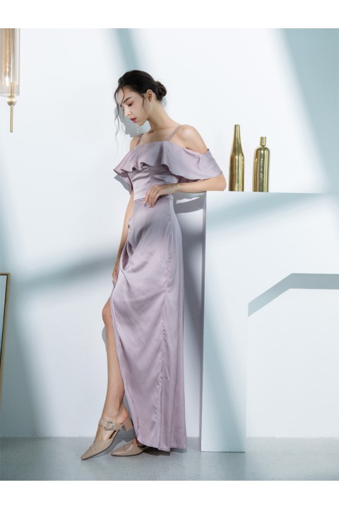 Lavender Cold Shoulder Flounce Decor High Split Luxe Satin Bridesmaid Dress