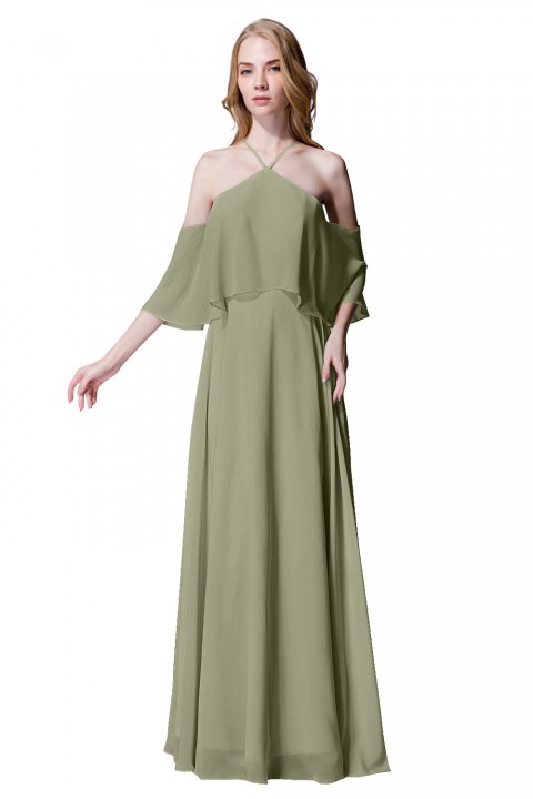 Y-Neck Ruffle Chiffon Multi-wear Bridesmaid Dress Long